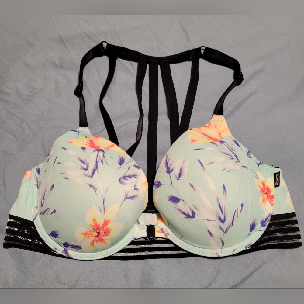 PINK Victoria's Secret Floral Strappy Pushup Bra - Mint and Black